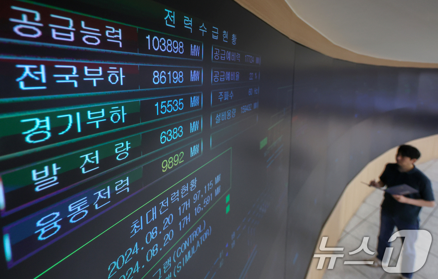 (수원=뉴스1) 김영운 기자 = 연일 폭염이 이어지며 냉방기기 사용에 따른 전력 수요가 증가하고 있는 13일 경기 수원시 영통구 한국전력공사 경기본부 전력관리처 계통운영센터에서 관 …