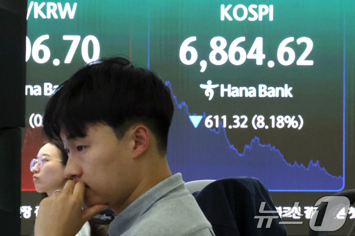 (서울=뉴스1) 이종수 기자 = 13일 오후 서울 중구 하나은행 딜링룸 전광판에 코스피 지수가 표시되고 있다. 이날 전 거래일 대비 63.91포인트 내린 7412.03에 문을 연 …