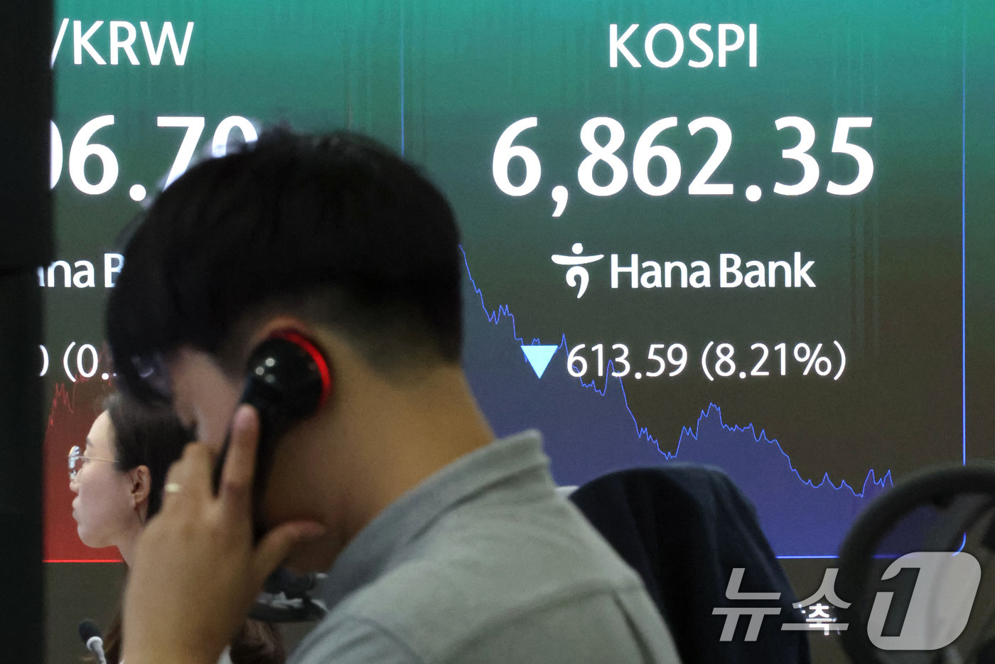 (서울=뉴스1) 이종수 기자 = 코스피지수가 급락하며 서킷 브레이커가 발동된 13일 오후 서울 중구 하나은행 딜링룸 전광판에 코스피 지수가 표시되고 있다. 2026.7.13/뉴스1 …