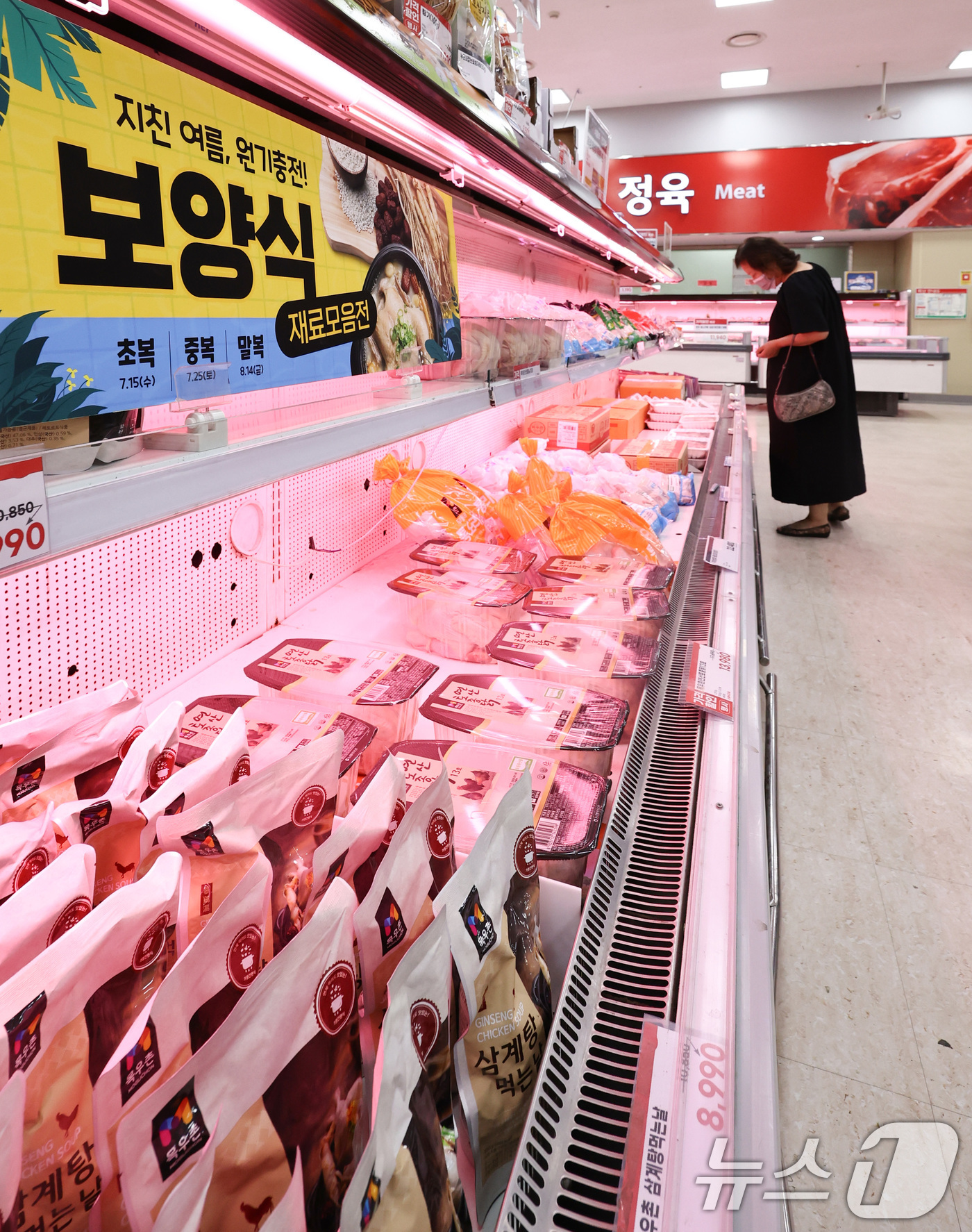(서울=뉴스1) 최지환 기자 = 초복(15일)을 앞둔 13일 서울 서초구 하나로마트 양재점에  삼계탕 재료가 진열되어 있다.하나로마트를 운영하는 농협 유통은 초복을 앞두고 통닭, …
