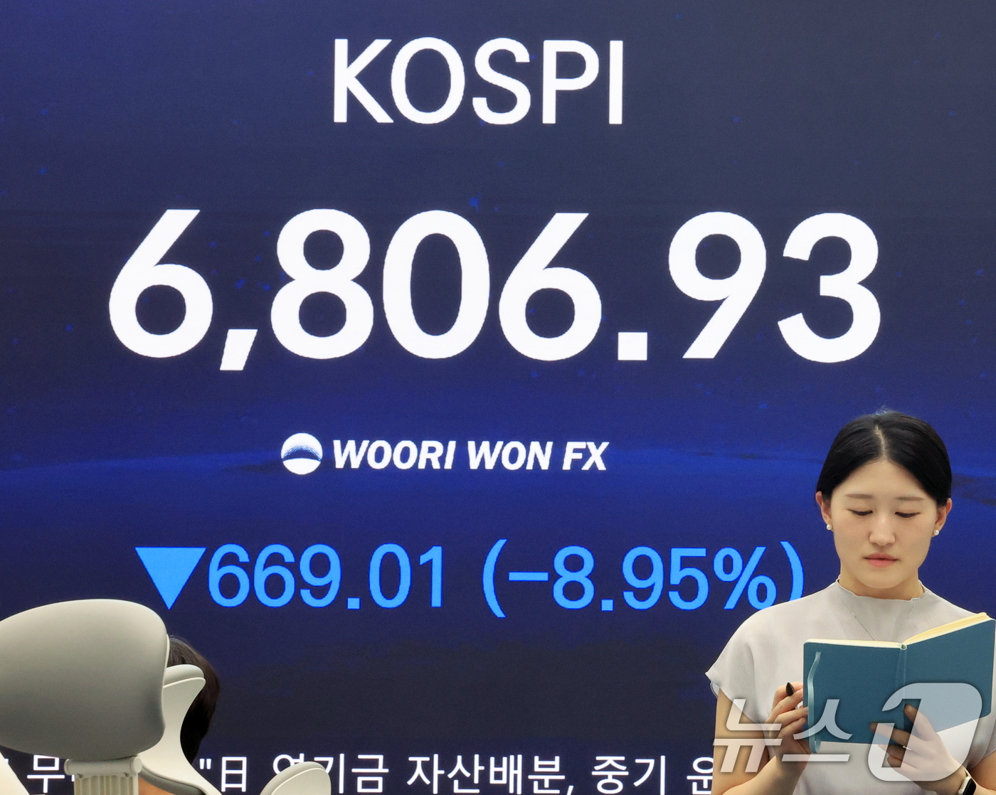 (서울=뉴스1) 이호윤 기자 = 13일 서울 중구 우리은행 본점 딜링룸 전광판에 종가가 나오고 있다. 이날 코스피는 전거래일 대비 669.36포인트(8.95%) 하락한 6806.9 …