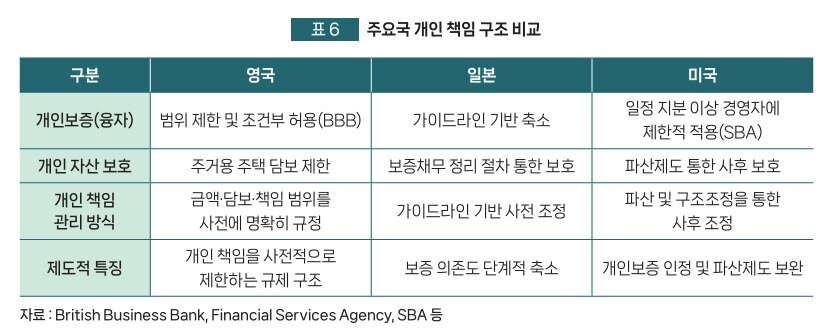 본문 이미지 - 주요국 개인 책임 구조 비교(중소벤처기업연구원 해외 벤처 금융의 책임 구조 보고서 갈무리)