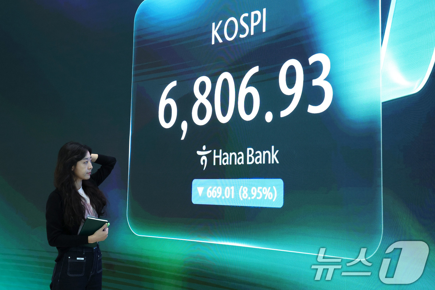 (서울=뉴스1) 이종수 기자 = 코스피지수가 급락하며 전일 종가와 비교해 669.01포인트(8.95%) 하락한 6806.93로 거래를 마친 13일 오후 서울 중구 하나은행 딜링룸 …