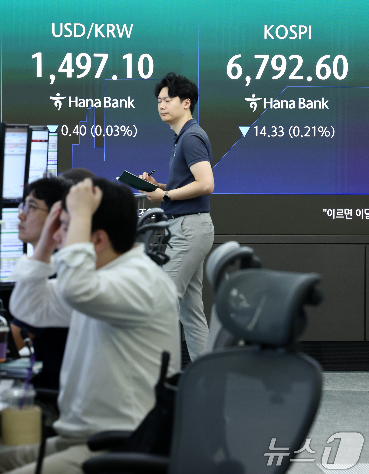 (서울=뉴스1) 최지환 기자 = 14일 서울 중구 하나은행 본점 딜링룸 전광판에 코스피 시황이 표시되어 있다.이날 코스피 지수는 전 거래일 대비 37.87포인트(0.56%) 하락한 …