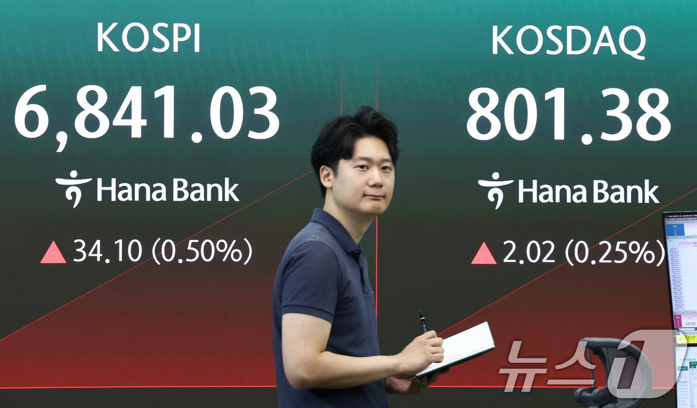 (서울=뉴스1) 최지환 기자 = 14일 서울 중구 하나은행 본점 딜링룸 전광판에 코스피 시황이 표시되어 있다.이날 코스피 지수는 전 거래일 대비 37.87포인트(0.56%) 하락한 …