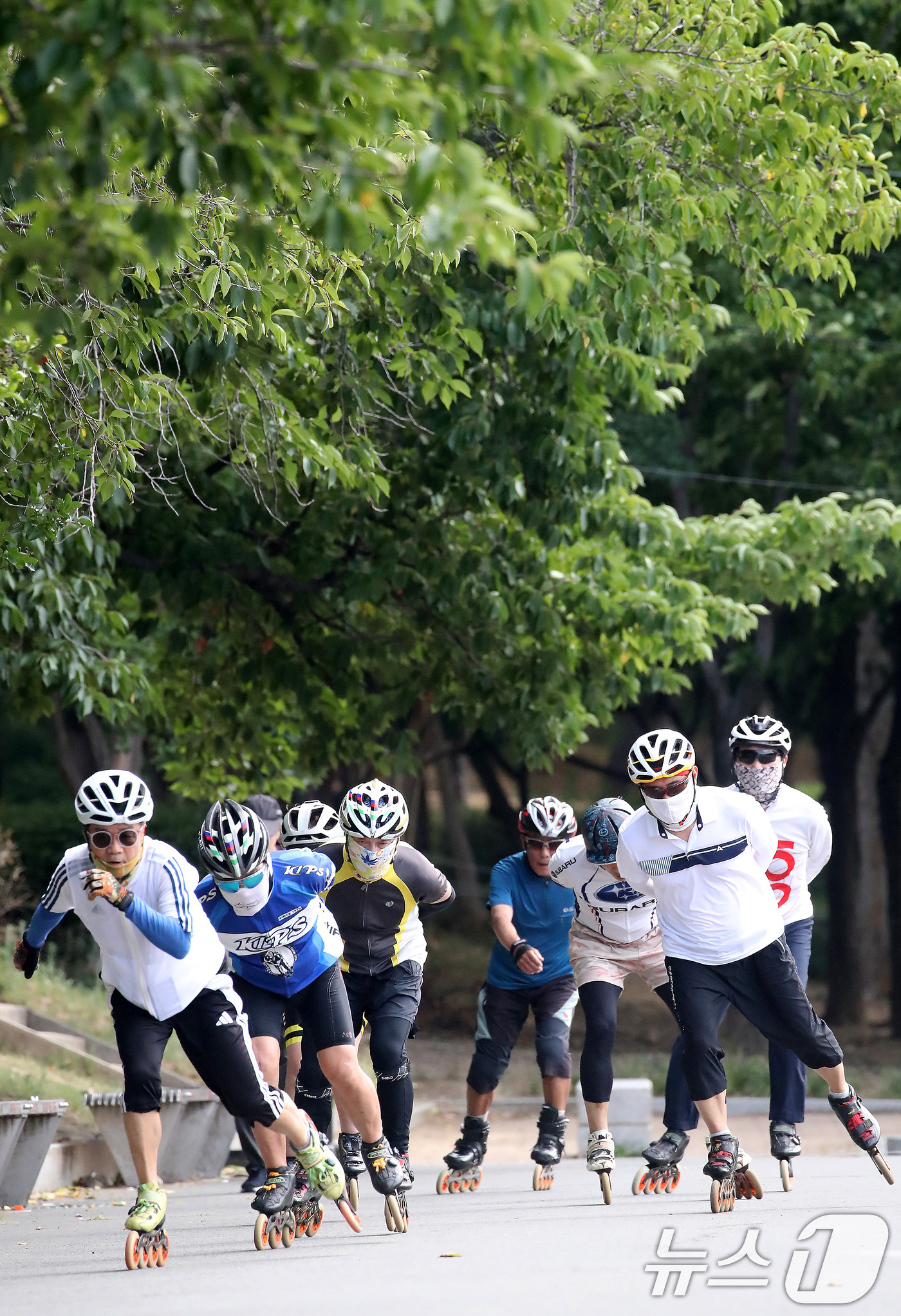 (대구=뉴스1) 공정식 기자 = 삼복더위 시작을 알리는 초복을 하루 앞둔 14일 오전 대구 달서구 두류공원 인라인스케이트장에서 동호인들이 질주하고 있다.56세부터 83세까지 나이도 …