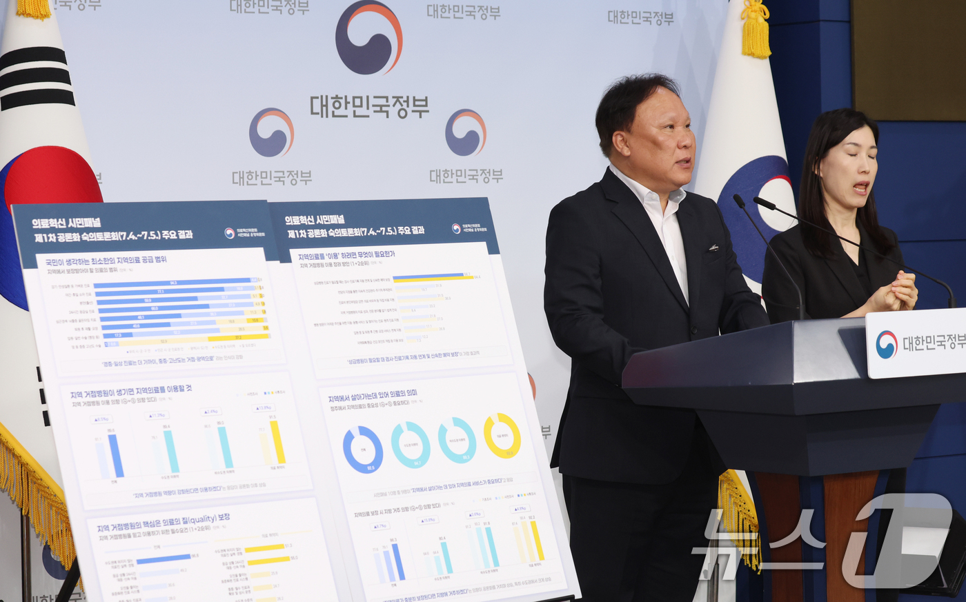 (서울=뉴스1) 김명섭 기자 = 김학린 의료혁신 시민패널 운영위원회 위원장이 14일 오후 서울 종로구 정부서울청사 별관에서 제1차 의료혁신 시민패널 공론화 결과 브리핑을 하고 있다 …