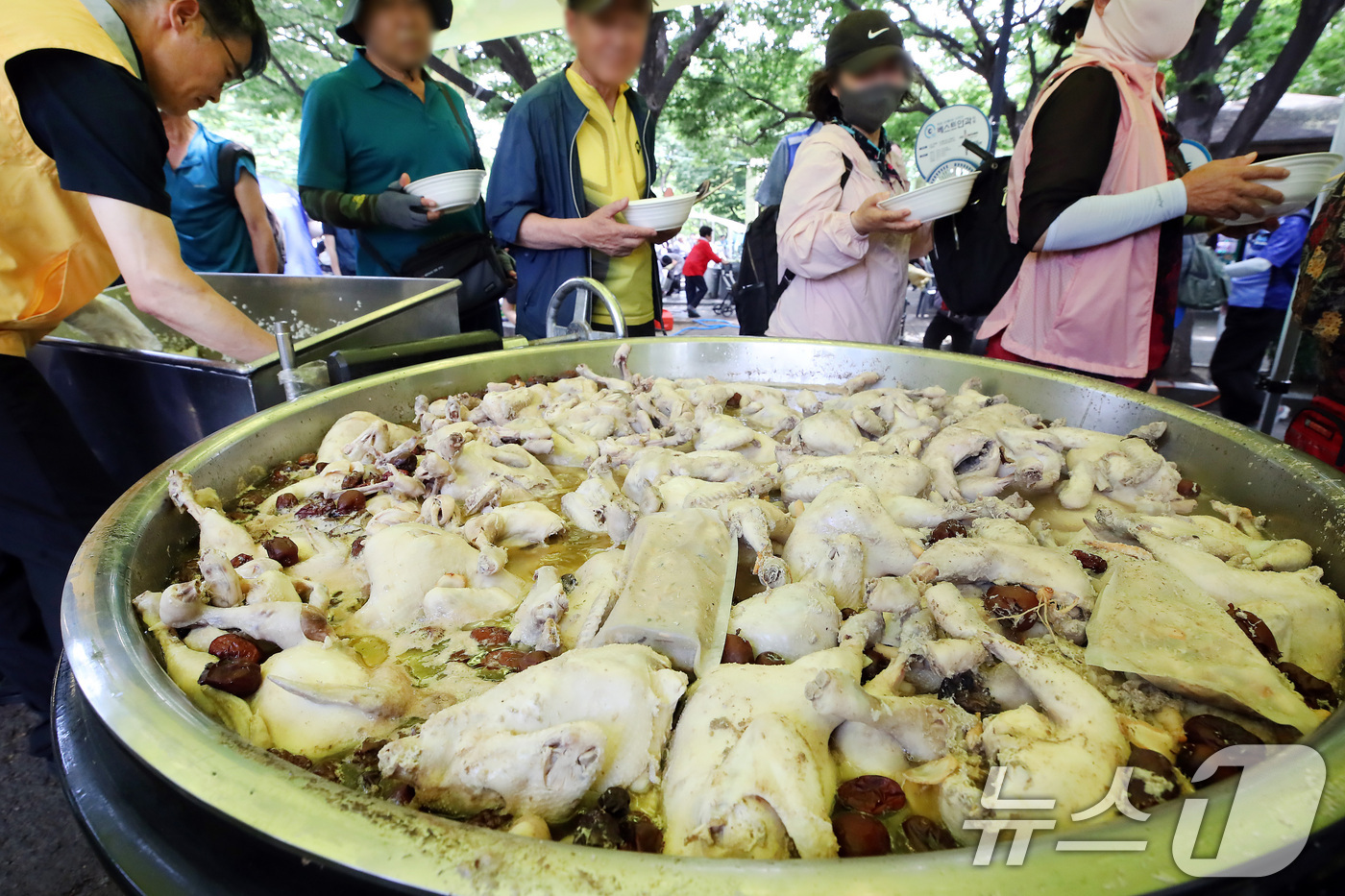 (대구=뉴스1) 공정식 기자 = 삼복더위 시작을 알리는 초복을 하루 앞둔 14일 대구 달서구 두류공원 사랑해밥차 무료급식소에서 삼계탕을 점심으로 제공하자 시민들이 줄지어 배식을 받 …