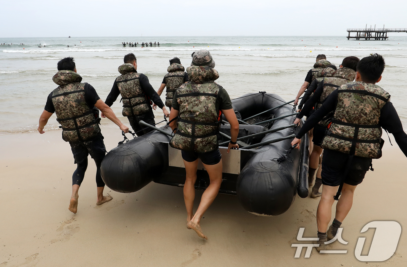 (부산=뉴스1) 윤일지 기자 = 삼복더위의 시작을 알리는 초복을 하루 앞둔 14일 부산 해운대구 송정해수욕장 53사단 해상훈련장에서 53사단 장교·부사관들이 '송정해상훈련 교관 집 …