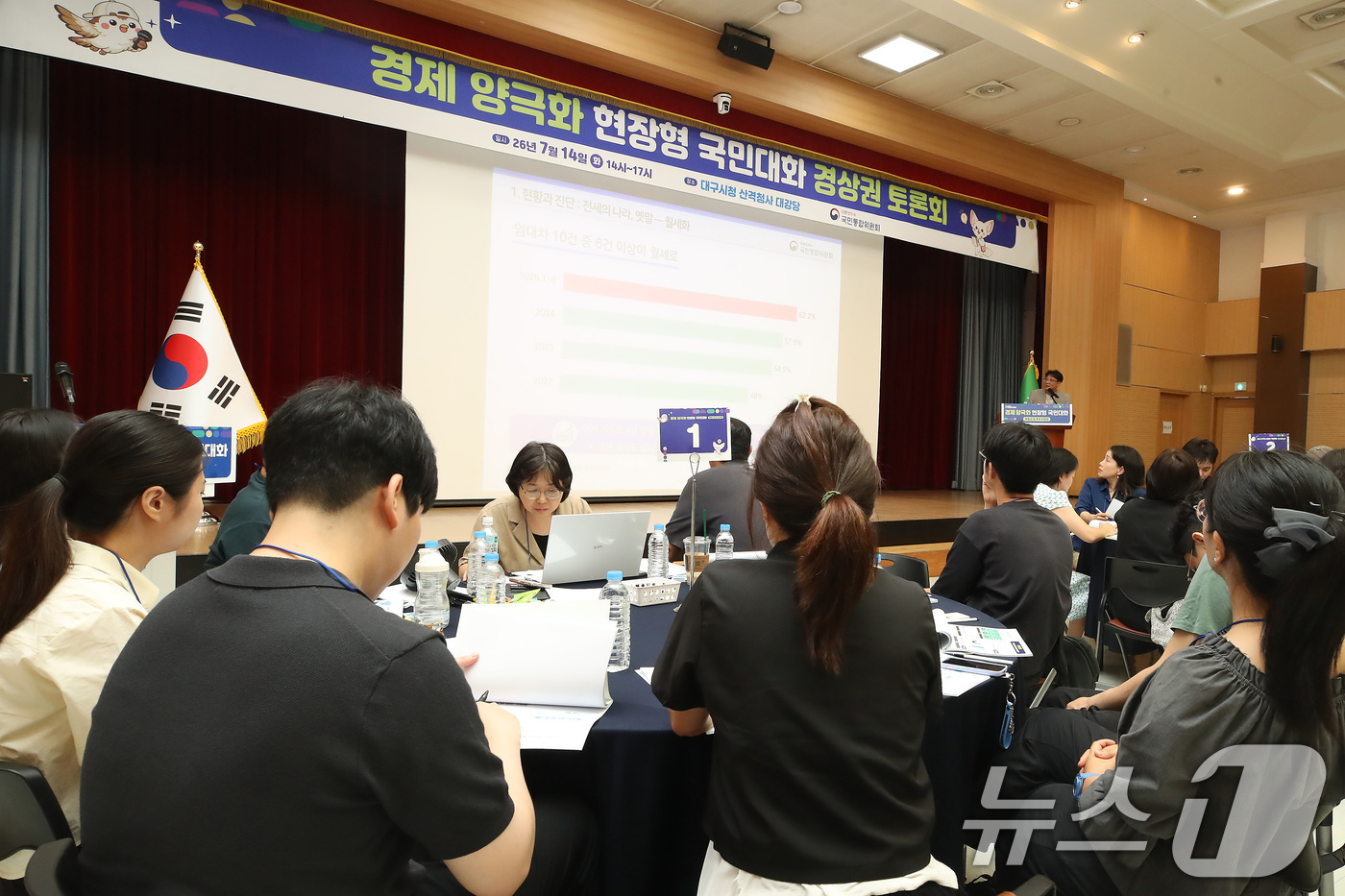 (대구=뉴스1) 공정식 기자 = 14일 대구 북구 대구시청 산격청사 대강당에서 '경제 양극화 해소를 위한 현장형 국민대화' 경상권 토론회가 열리고 있다.대통령직속 국민통합위원회는 …