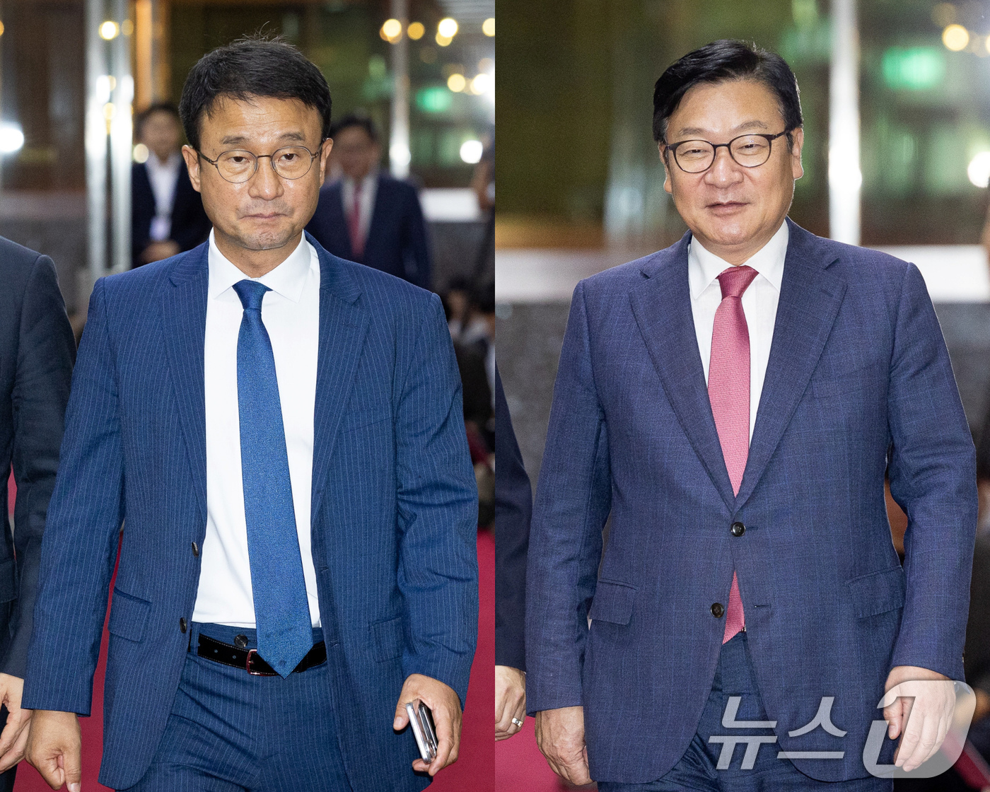 (서울=뉴스1) 유승관 기자 = 더불어민주당 한병도, 국민의힘 정점식 원내대표가 14일 서울 여의도 국회에서 의장주재 여야 원내대표 회동을 위해 각각 의장실로 향하고 있다. 202 …