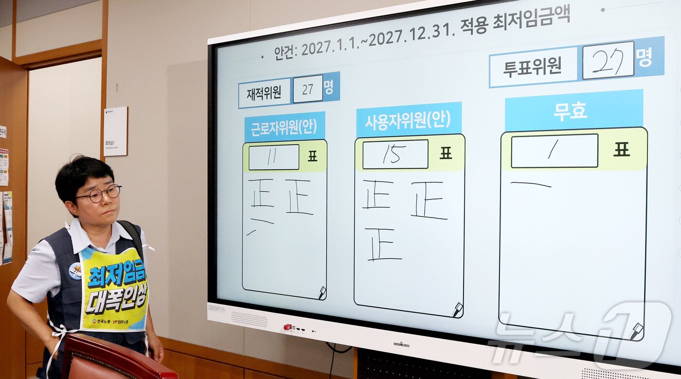 본문 이미지 - 이미선 근로자위원이 14일 세종시 정부세종청사 최저임금위원회에서 열린 2027년도 최저임금위원회 14차 전원회의에서 2027년도 최저임금이 노·사·공익위원들의 투표로 올해시급 1만320원 보다 380원 오른 1만700원, 3.7% 인상으로 확정하며 씁쓸한 표정으로 회의장을 나서고 있다. 2026.7.14 ⓒ 뉴스1 김기남 기자