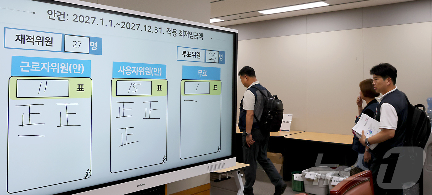 (세종=뉴스1) 김기남 기자 = 14일 세종시 정부세종청사 최저임금위원회에서 열린 2027년도 최저임금위원회 14차 전원회의에서 2027년도 최저임금이 노·사·공익위원들의 투표로 …