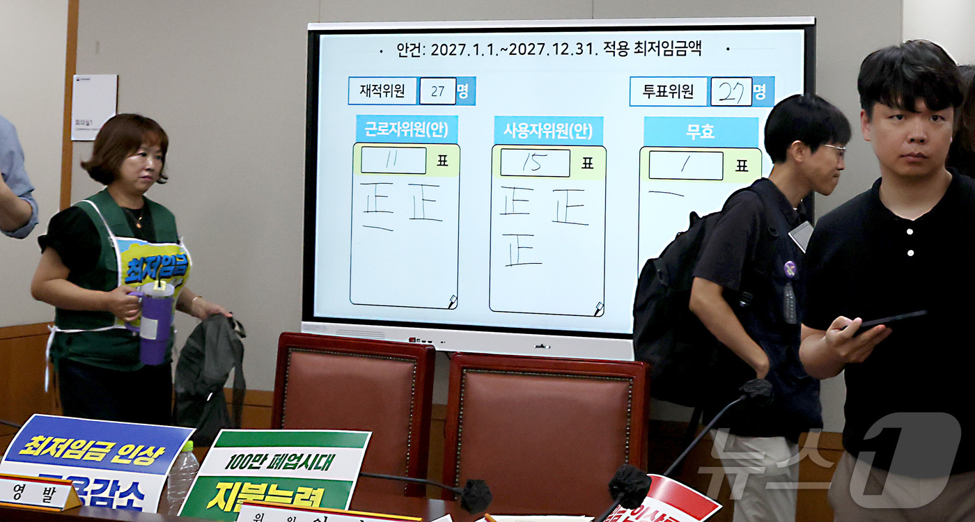 (세종=뉴스1) 김기남 기자 = 14일 세종시 정부세종청사 최저임금위원회에서 열린 2027년도 최저임금위원회 14차 전원회의에서 노·사·공익위원들의 투표로 올해시급 1만320원 보 …