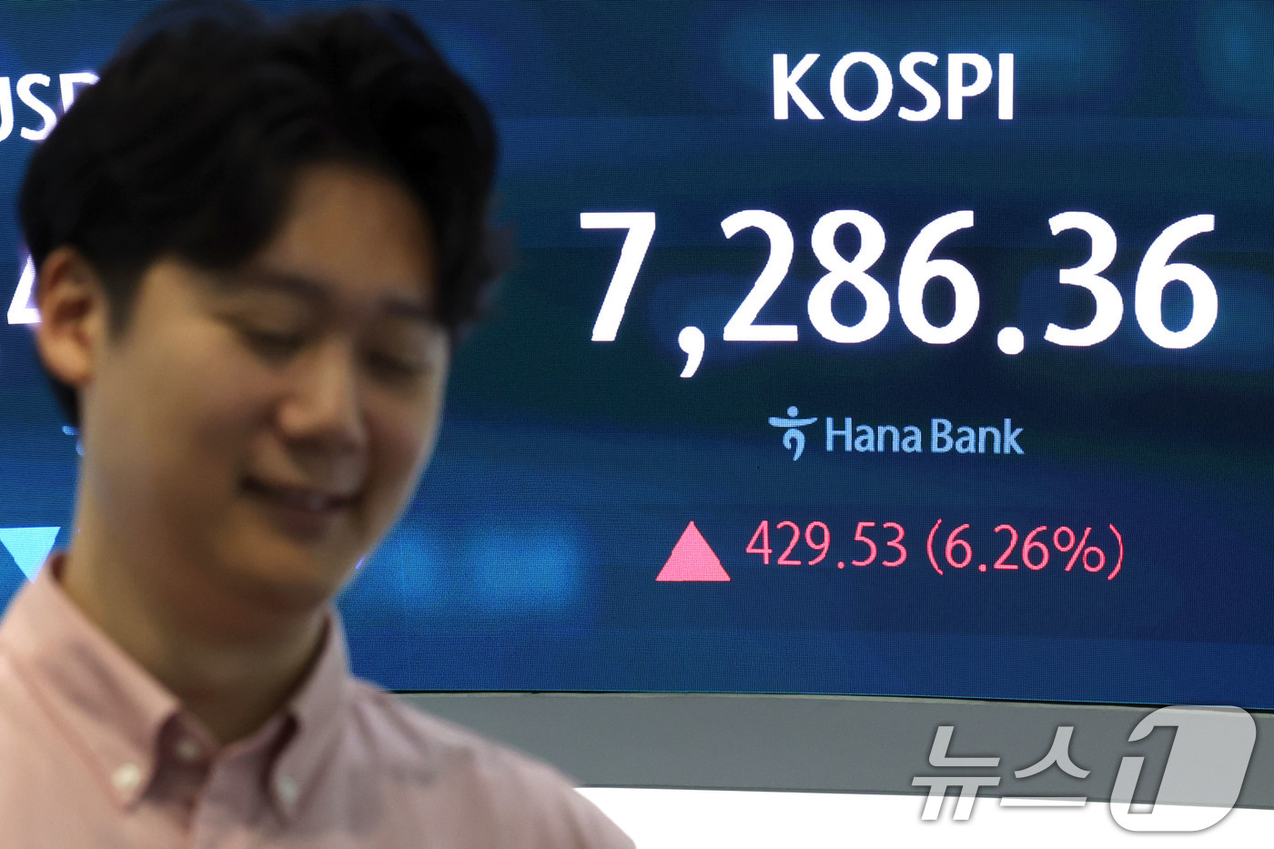(서울=뉴스1) 이종수 기자 = 코스피 매수 사이드카가 발동된 15일 오전 서울 중구 하나은행 딜링룸 전광판에 코스피 지수가 표시되고 있다. 이날 코스피는 전 거래일(6856.83 …