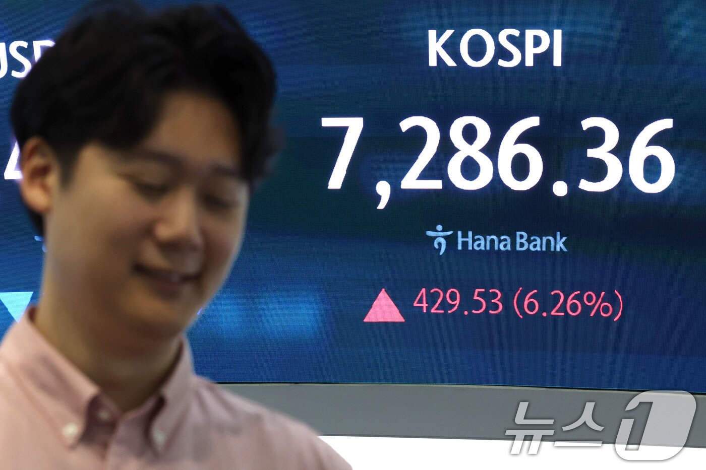 본문 이미지 - 코스피 매수 사이드카가 발동된 15일 오전 서울 중구 하나은행 딜링룸 전광판에 코스피 지수가 표시되고 있다. 이날 코스피는 전 거래일(6856.83) 대비 3.30%(226.08포인트) 오른 7082.91에 출발했다. 2026.7.15 ⓒ 뉴스1 이종수 기자