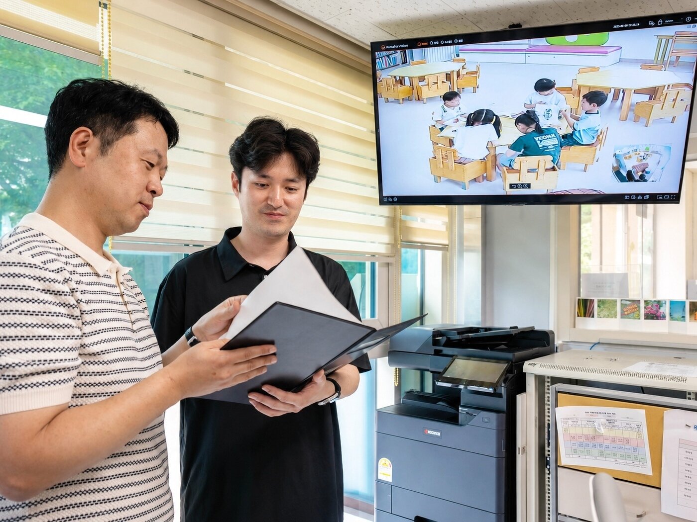 본문 이미지 - 인천 '동심원' 사무실에서 근무하는 직원들이 한화비전 CCTV로 촬영 중인 아이들의 학습 공간을 모니터로 보며 회의하고 있다. (한화비전 제공)