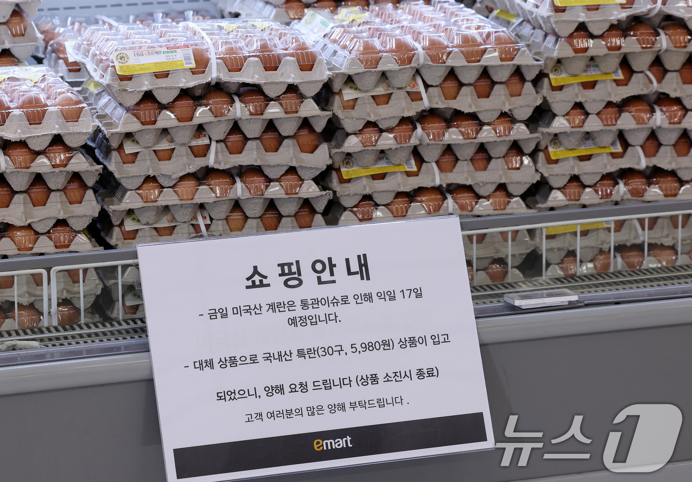 (서울=뉴스1) 박지혜 기자 = 16일 서울 용산구 이마트 용산점에 미국산 수입 신선란의 통관 지연으로 할인 판매가 17일로 하루 연기됐다는 안내문이 붙어 있다.정부의 수입 계란 …