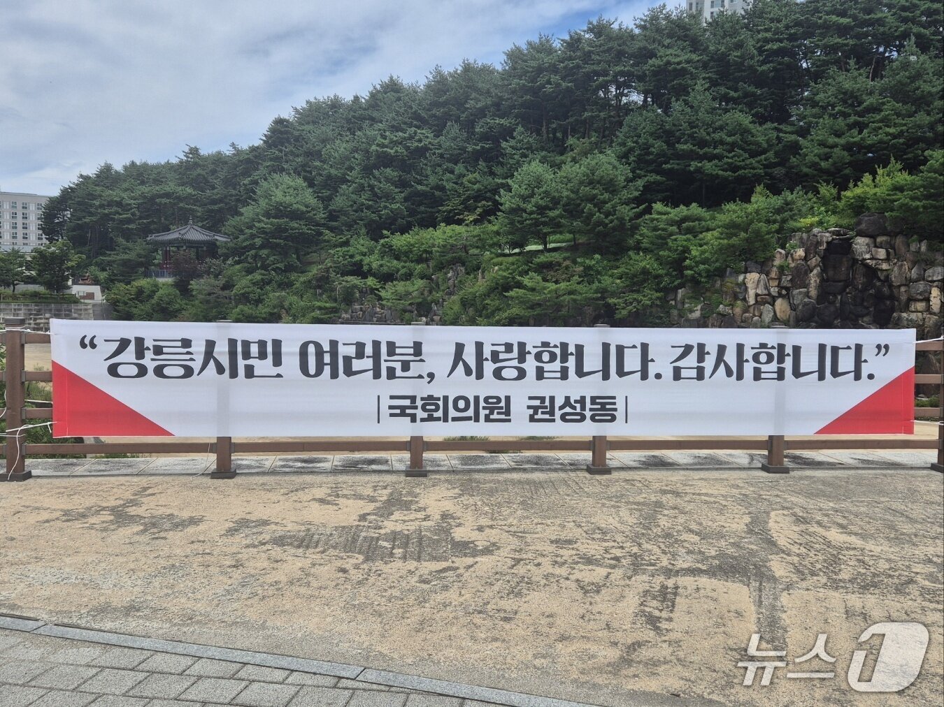 본문 이미지 - 권성동 국민의힘 국회의원의 정치자금법 위반 혐의 대법원 판결이 확정된 16일 그의 지역구인 강원 강릉 유천지구에 권 의원이 시민에게 전하는 현수막이 내걸려 있다.2026.7.16/뉴스1 윤왕근 기자