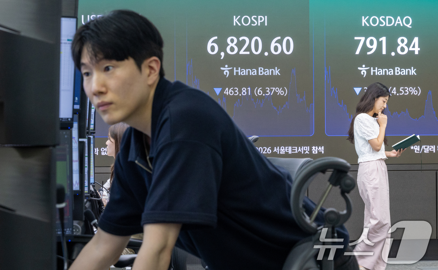 (서울=뉴스1) 안은나 기자 = 16일 오후 서울 중구 하나은행 본점 딜링룸 전광판에 종가가 나오고 있다.이날 코스피는 전일 종가와 비교해 463.81포인트(6.37%) 하락한 6 …