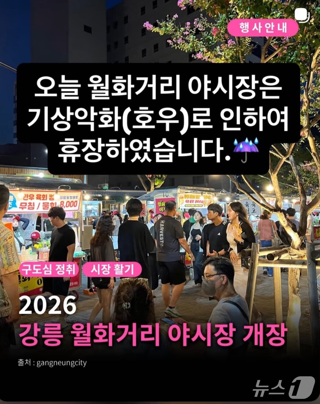 본문 이미지 - 월화거리야시장 휴장 알리는 강릉시 SNS 게시물.(강릉시 제공, 재판매 및 DB 금지) 2026.7.18/뉴스1
