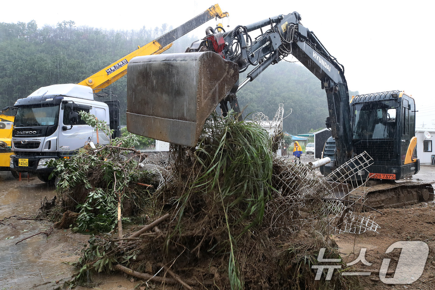 (안동=뉴스1) 공정식 기자 = 19일 경북 안동시 일직면 귀미리 산불 이재민 주거용 임시 주택 일대가 집중호우로 침수된 가운데 수해 복구 현장에 다시 폭우가 쏟아지고 있다. 20 …