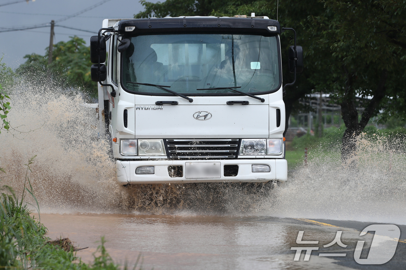 (안동=뉴스1) 공정식 기자 = 19일 경북 안동시 일직면 한 도로에 집중호우로 빗물과 토사가 흘러내려 생긴 물웅덩이 위로 차량이 거대한 물보라를 일으키며 주행하고 있다. 2026 …