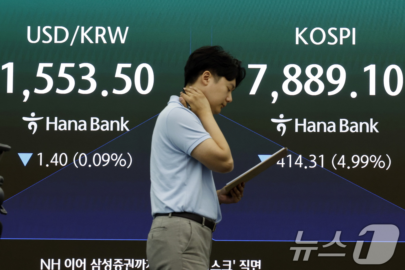 (서울=뉴스1) 박정호 기자 = 2일 오전 서울 중구 하나은행 본점 딜링룸 전광판에 코스피 등 시황이 표시되고 있다.이날 코스피는 전 거래일 대비 370.31p(4.46%) 내린 …