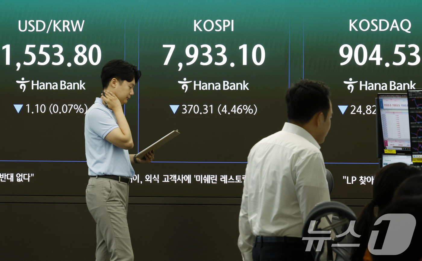 (서울=뉴스1) 박정호 기자 = 2일 오전 서울 중구 하나은행 본점 딜링룸 전광판에 코스피 등 시황이 표시되고 있다.이날 코스피는 전 거래일 대비 370.31p(4.46%) 내린 …