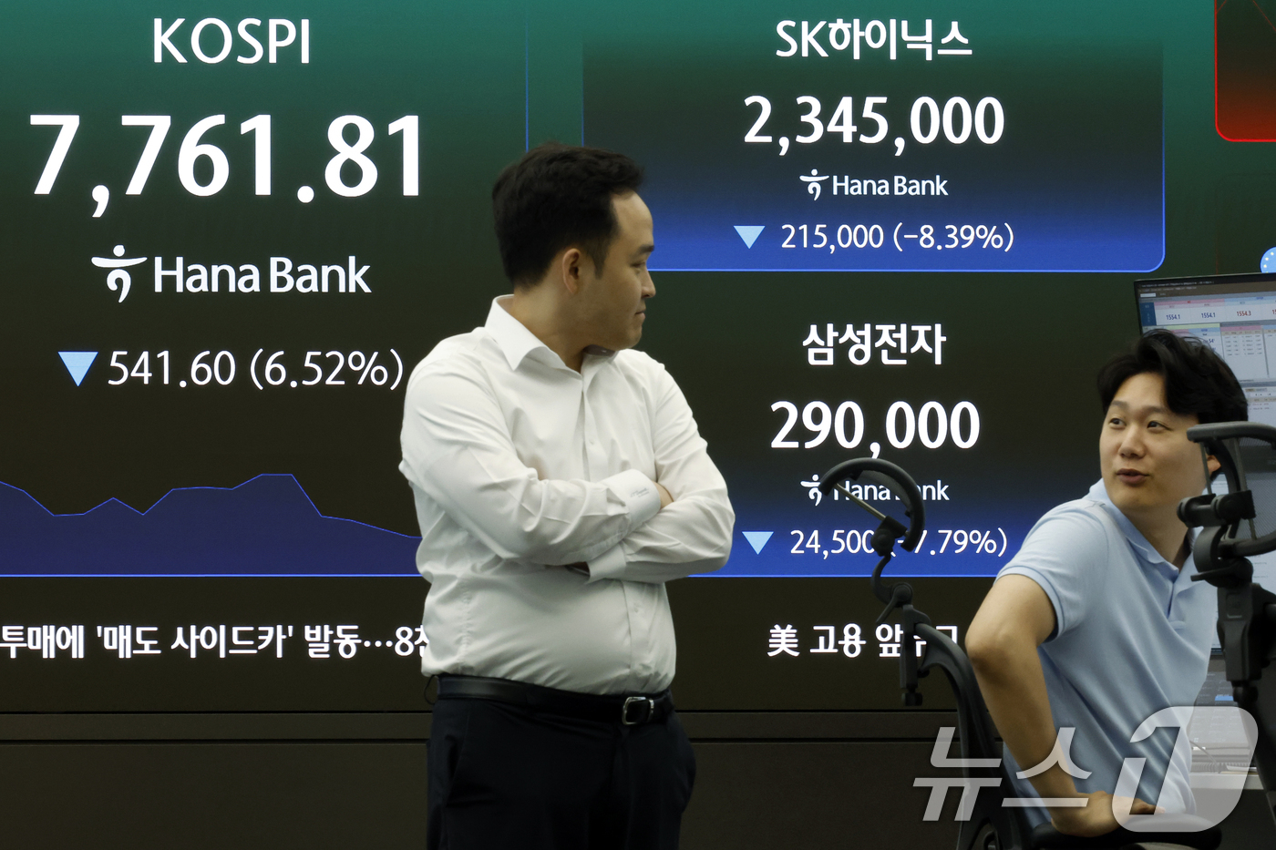 (서울=뉴스1) 박정호 기자 = 2일 오전 서울 중구 하나은행 본점 딜링룸 전광판에 코스피 등 시황이 표시되고 있다.이날 코스피는 전 거래일 대비 370.31p(4.46%) 내린 …
