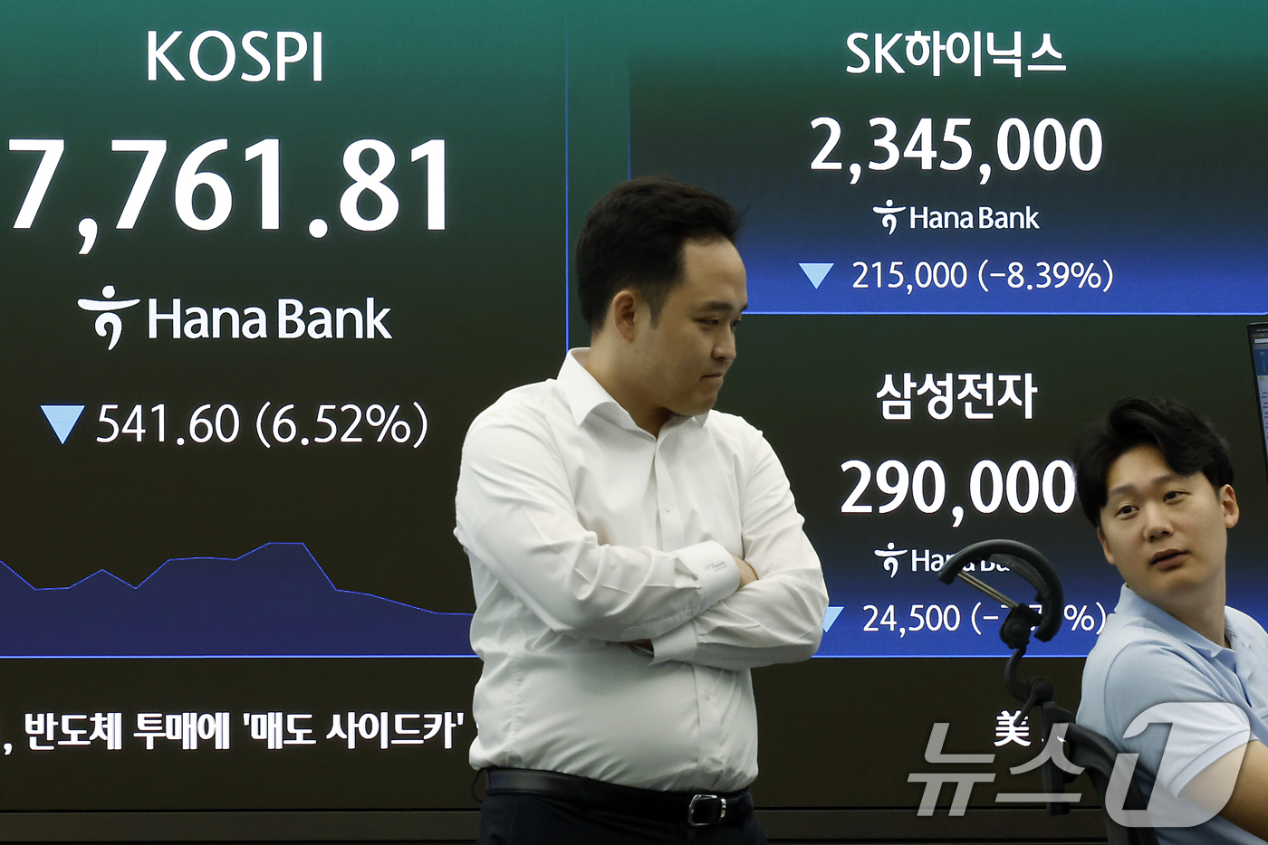 (서울=뉴스1) 박정호 기자 = 2일 오전 서울 중구 하나은행 본점 딜링룸 전광판에 코스피 등 시황이 표시되고 있다.이날 코스피는 전 거래일 대비 370.31p(4.46%) 내린 …