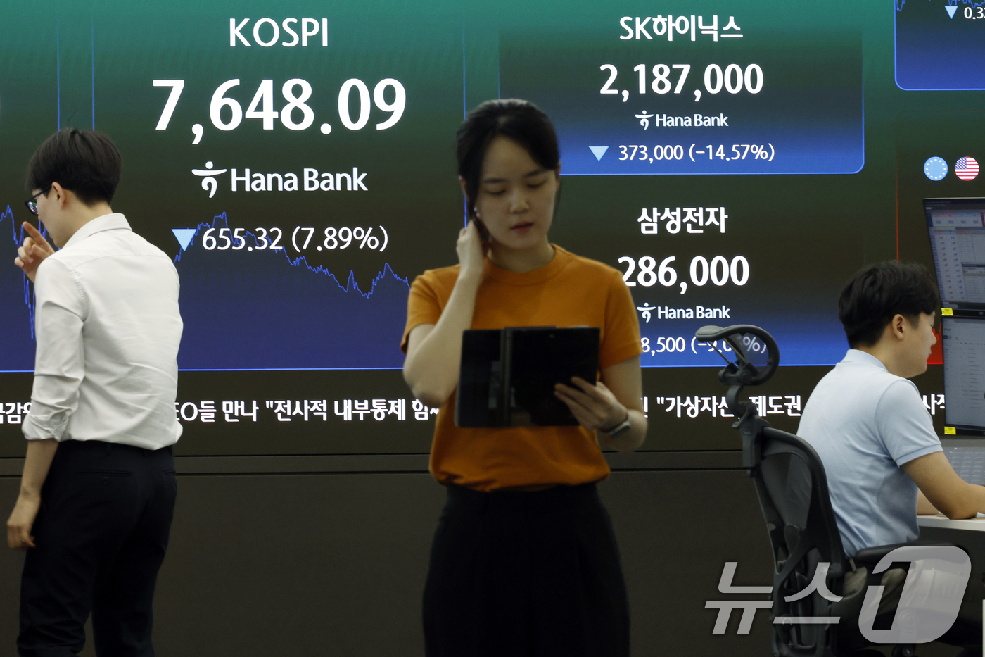 (서울=뉴스1) 박정호 기자 = 2일 오후 서울시 중구 하나은행 본점 딜링룸 전광판에 코스피 등 종가가 표시되고 있다.이날 코스피는 전 거래일 대비 655.32p(7.89%) 하락 …