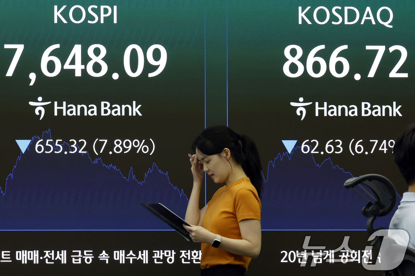 (서울=뉴스1) 박정호 기자 = 2일 오후 서울시 중구 하나은행 본점 딜링룸 전광판에 코스피 등 종가가 표시되고 있다.이날 코스피는 전 거래일 대비 655.32p(7.89%) 하락 …