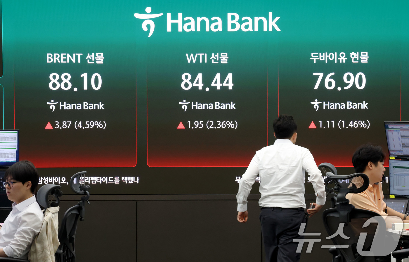 (서울=뉴스1) 이광호 기자 = 중동 긴장 재고조에 국제 유가가 급등한 20일 오전 서울 중구 하나은행 딜링룸 현황판에 브렌트유 선물과 WTI선물, 두바이유 현물 시세가 표시되고 …