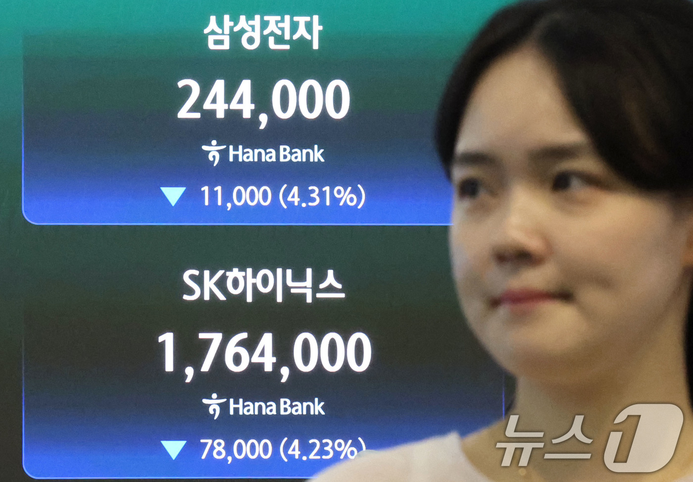 (서울=뉴스1) 이종수 기자 = 20일 서울 중구 하나은행 딜링룸 전광판에 삼성전자, SK하이닉스 증시가 표시되고 있다. 이날 코스피는 전 거래일보다 304.33포인트(p)(4.4 …