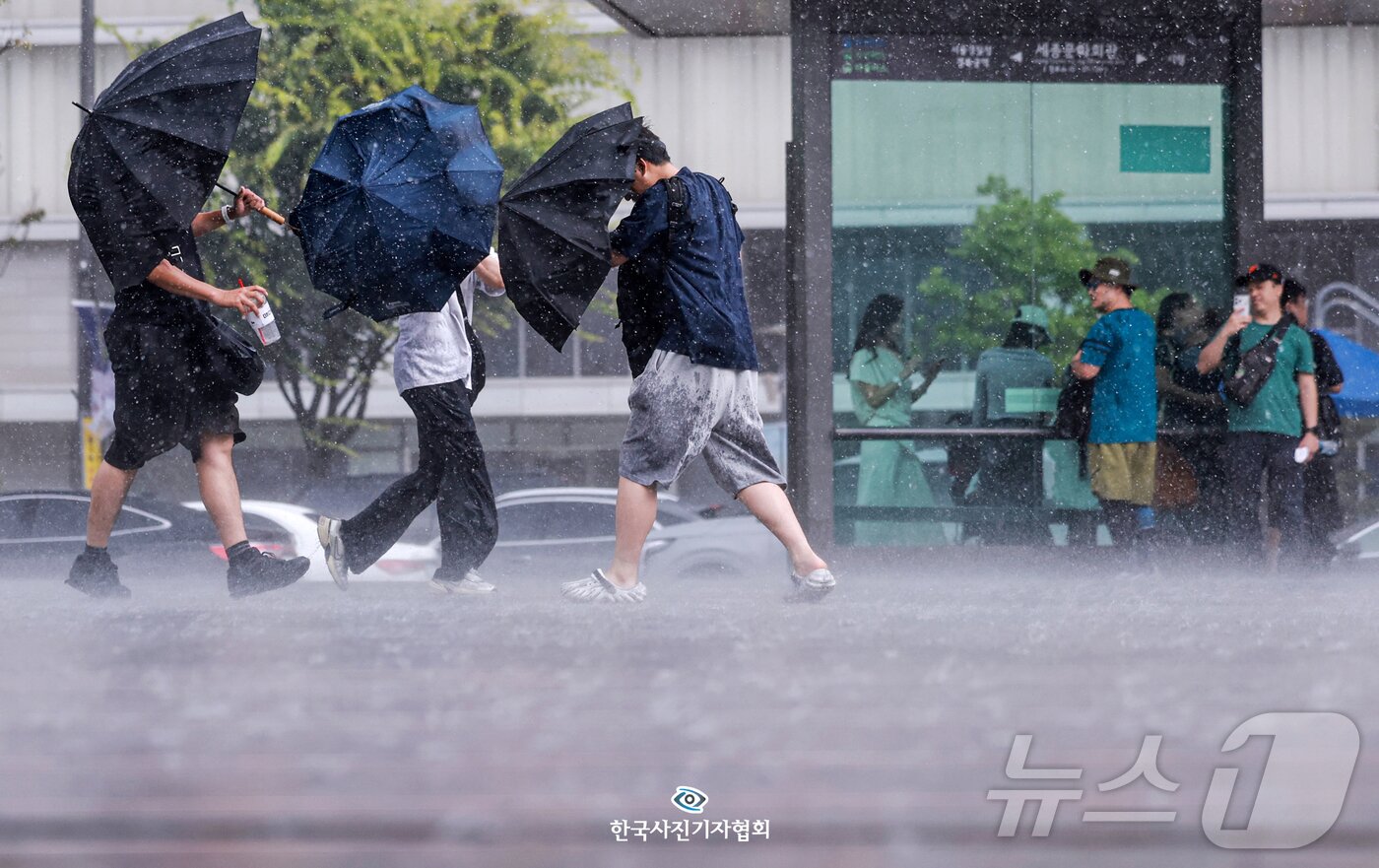 본문 이미지 - 스콜 닮은 '도깨비 소니기' 돌풍과 벼락을 동반한 소나기가 내린 14일 서울 종로구 광화문광장에서 시민들이 우산을 쓰고 발걸음을 옮기고 있다. ⓒ 뉴스1 이호윤 기자
