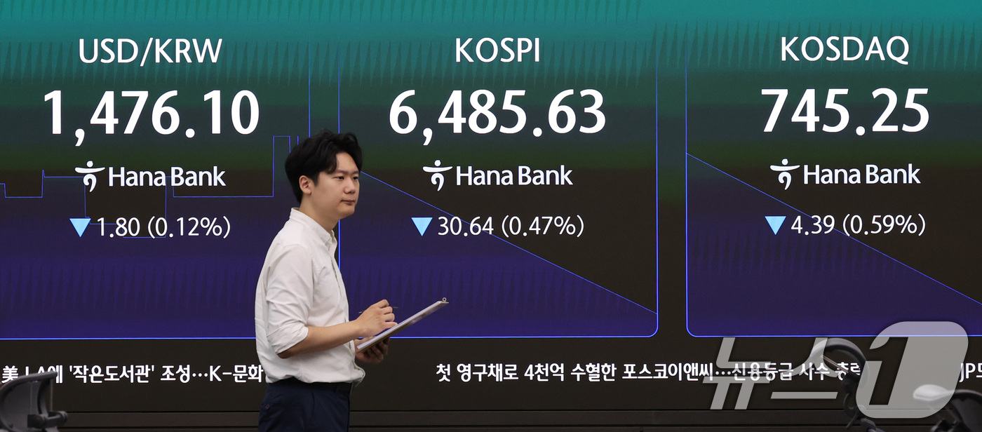 (서울=뉴스1) 박지혜 기자 = 21일 서울 중구 하나은행 딜링룸 전광판에 코스피 등 시황이 표시되고 있다이날 코스피는 전 거래일(6516.27) 대비 0.57%(37.61포인트) …