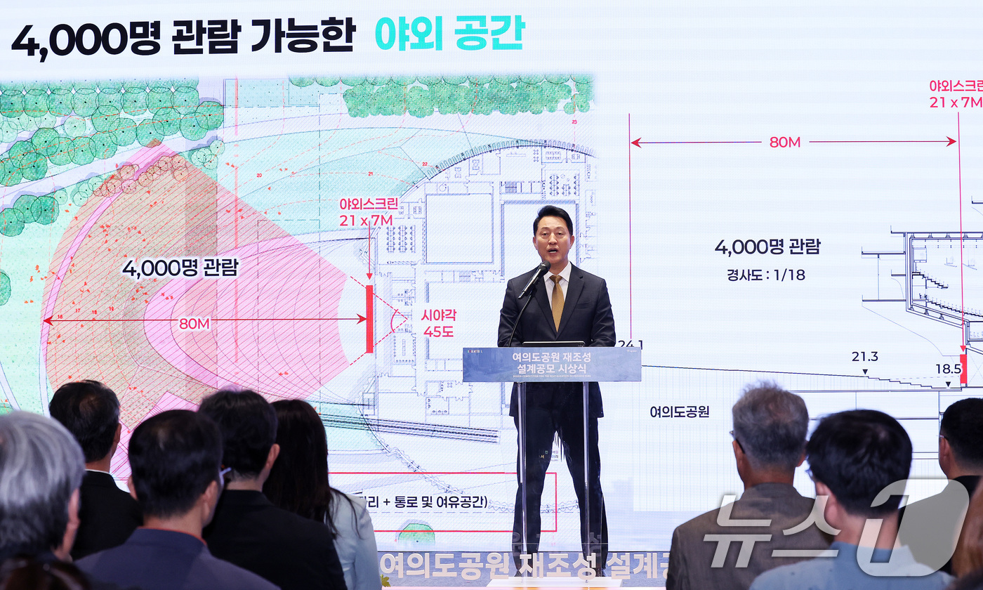 (서울=뉴스1) 박지혜 기자 = 오세훈 서울시장이 21일 서울 중구 서울시청 지하 서울갤러리(내친구서울관) 브리핑룸에서 열린 '여의도공원 재조성 설계공모 시상식'에 참석해 인사말을 …