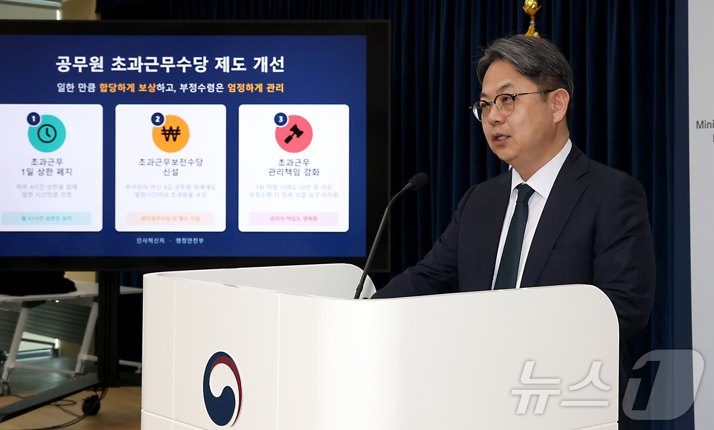 (세종=뉴스1) 김기남 기자 = 김성훈 인사혁신처 차장이 21일 세종시 정부세종청사에서 공무원 수당 등에 관한 규정 개정안 내용을 발표하고 있다.월 57시간 초과근무 상한은 종전대 …