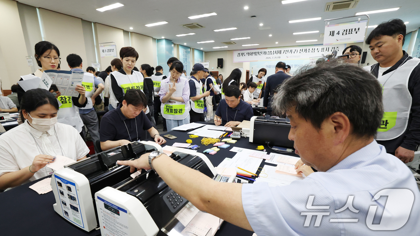(수원=뉴스1) 김영운 기자 = 21일 경기 수원시 영통구 경기도선거관리위원회에서 열린 '성남시 제7선거구 경기도의원 선거 및 당선무효소청 투표지 검증'에서 양측 참관인들이 지켜보 …