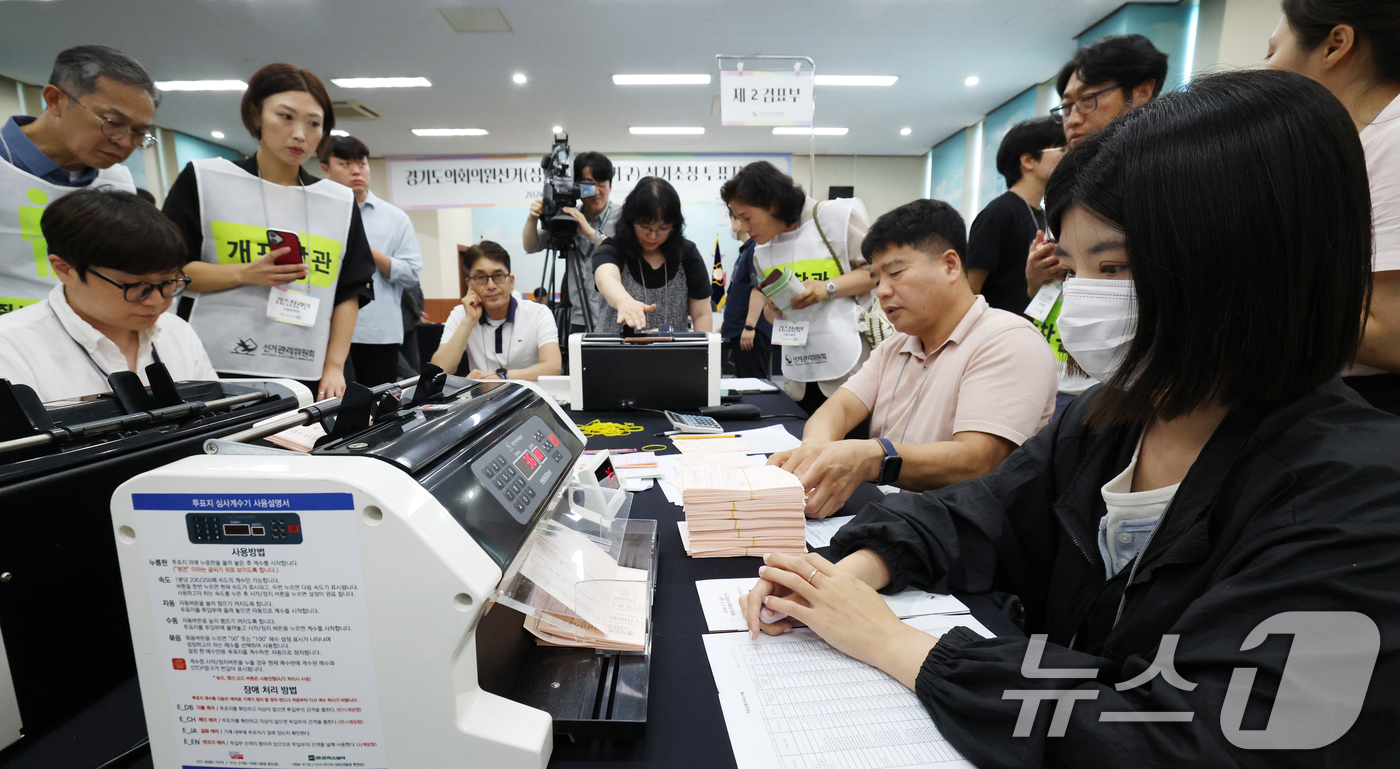 (수원=뉴스1) 김영운 기자 = 21일 경기 수원시 영통구 경기도선거관리위원회에서 열린 '성남시 제7선거구 경기도의원 선거 및 당선무효소청 투표지 검증'에서 양측 참관인들이 지켜보 …