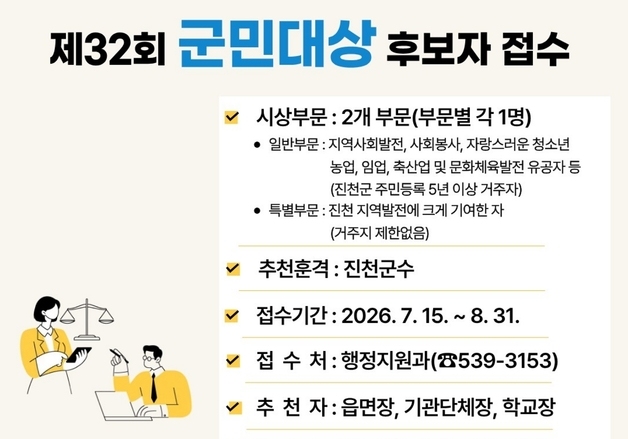 진천 빛낸 군민·출향인사 찾는다…군민대상 후보 모집