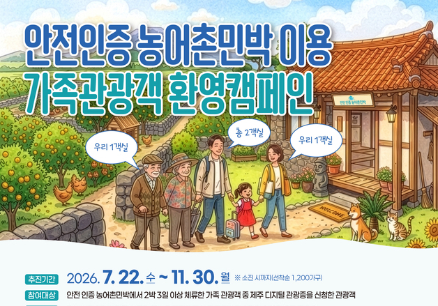 제주 안전인증 농어촌민박 캠페인 확대…가족 관광객 2만원 지원
