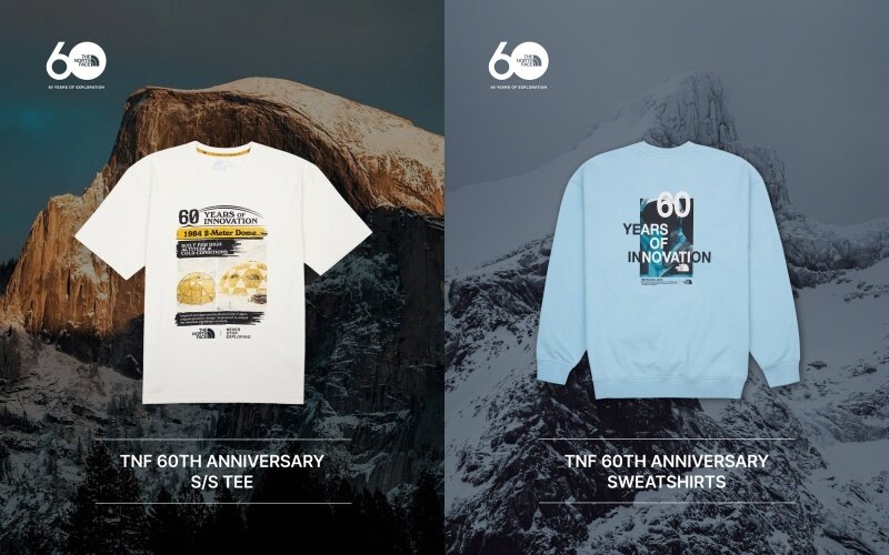 본문 이미지 - 노스페이스 60주년 컬렉션 반팔티(왼쪽)와 맨투맨(노스페이스 제공)