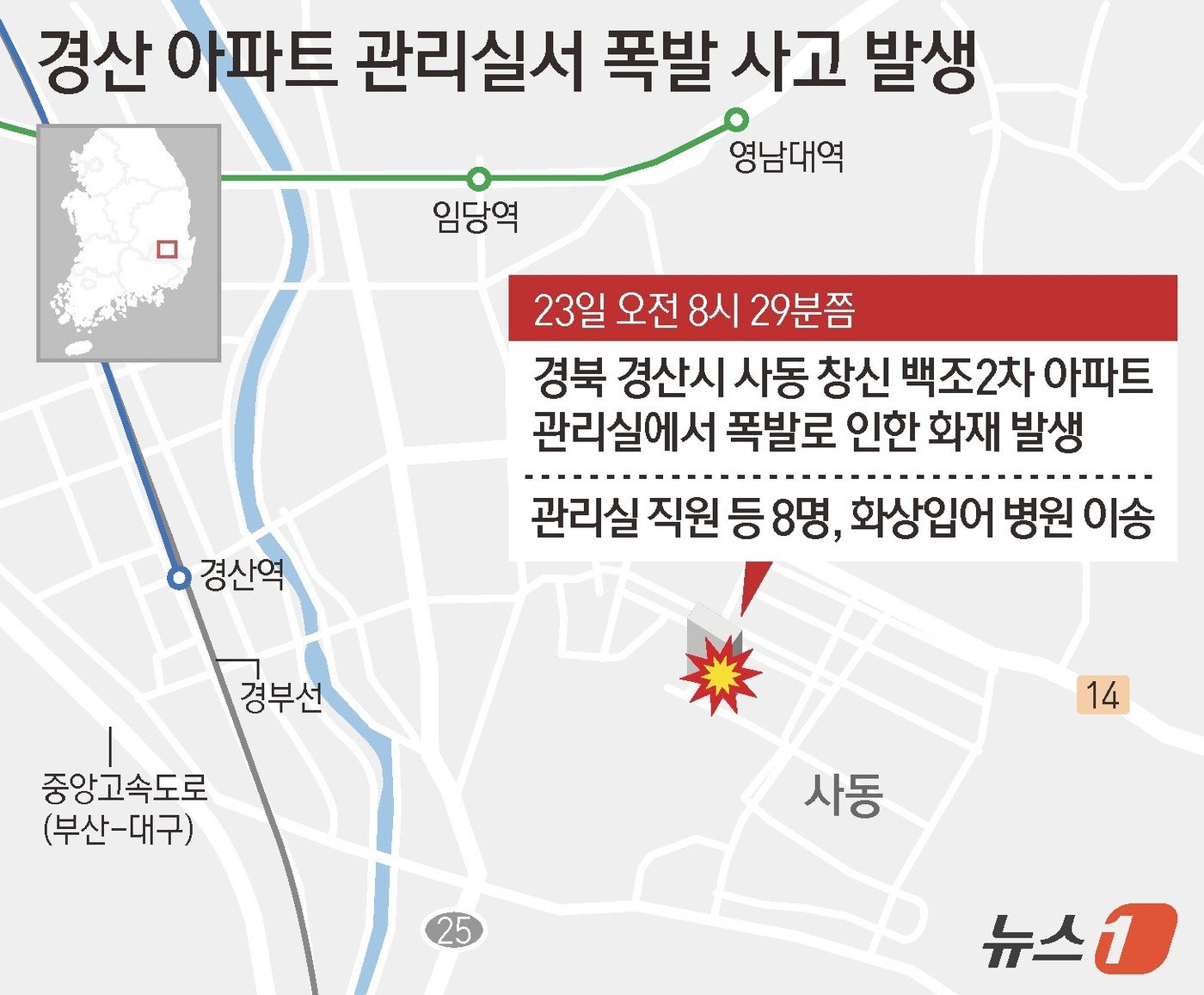(서울=뉴스1) 김지영 디자이너 = 23일 오전 8시 29분쯤 경북 경산시 사동 창신 백조2차 아파트 관리실에서 폭발 후 화재가 발생, 8명이 화상을 입었다. 폭발과 화재는 아파트 …