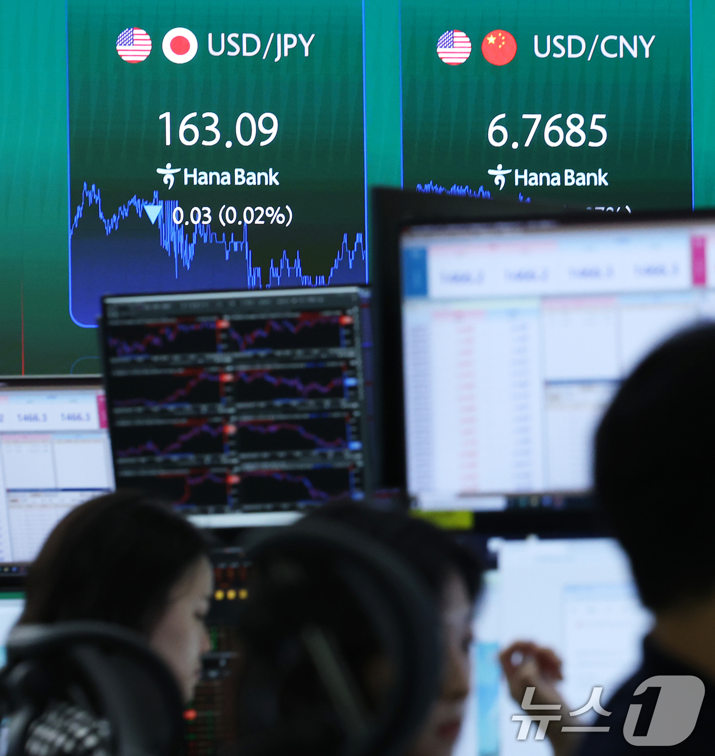 (서울=뉴스1) 오대일 기자 = 23일 오후 서울 중구 하나은행 본점 딜링룸 전광판에 달러·엔 환율이 표시되고 있다. 일본 엔화 가치가 약 40년만에 가장 낮은 수준으로 곤두박질치 …