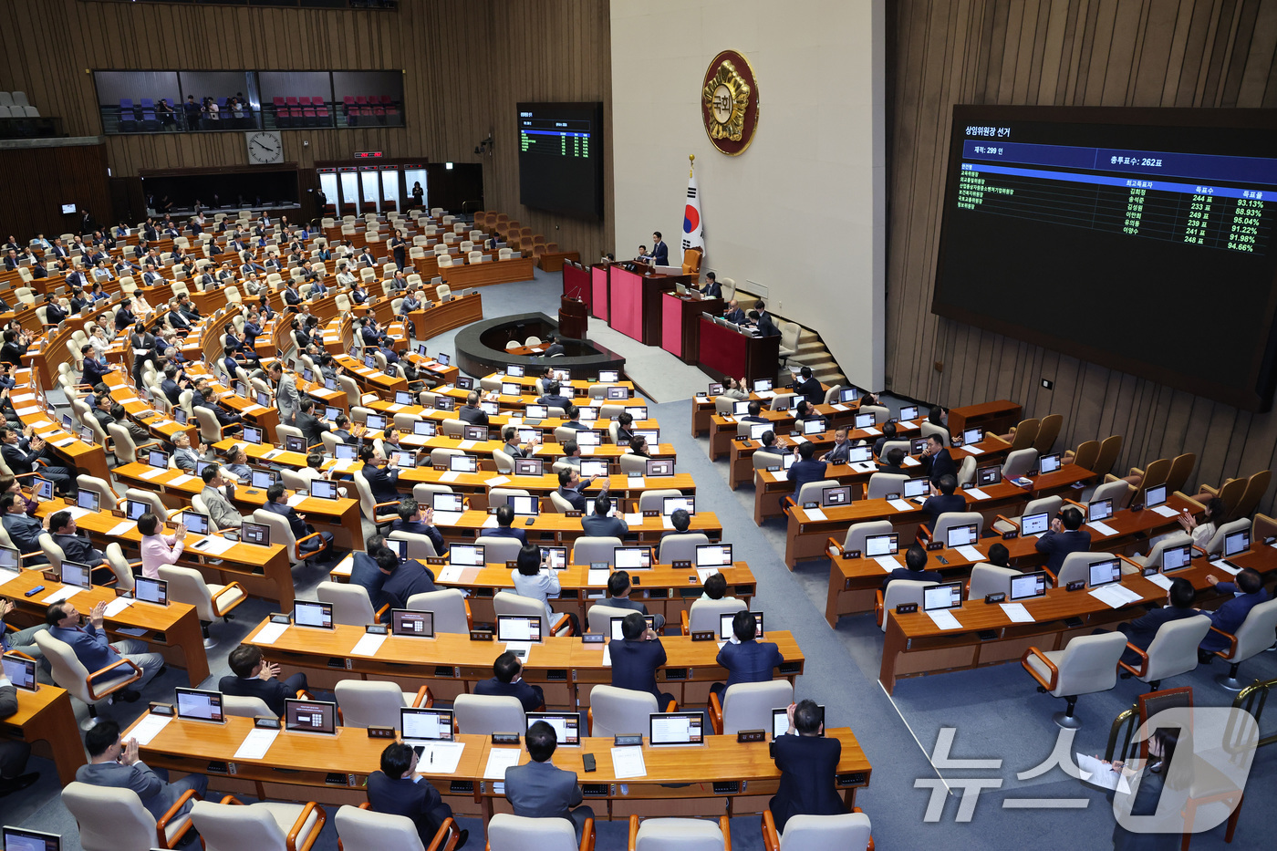 (서울=뉴스1) 신웅수 기자 = 조정식 국회의장이 23일 서울 여의도 국회에서 열린 제437회국회(임시회) 제2차 본회의에서 상임위원장 당선을 선포하고 있다. 2026.7.23/뉴 …