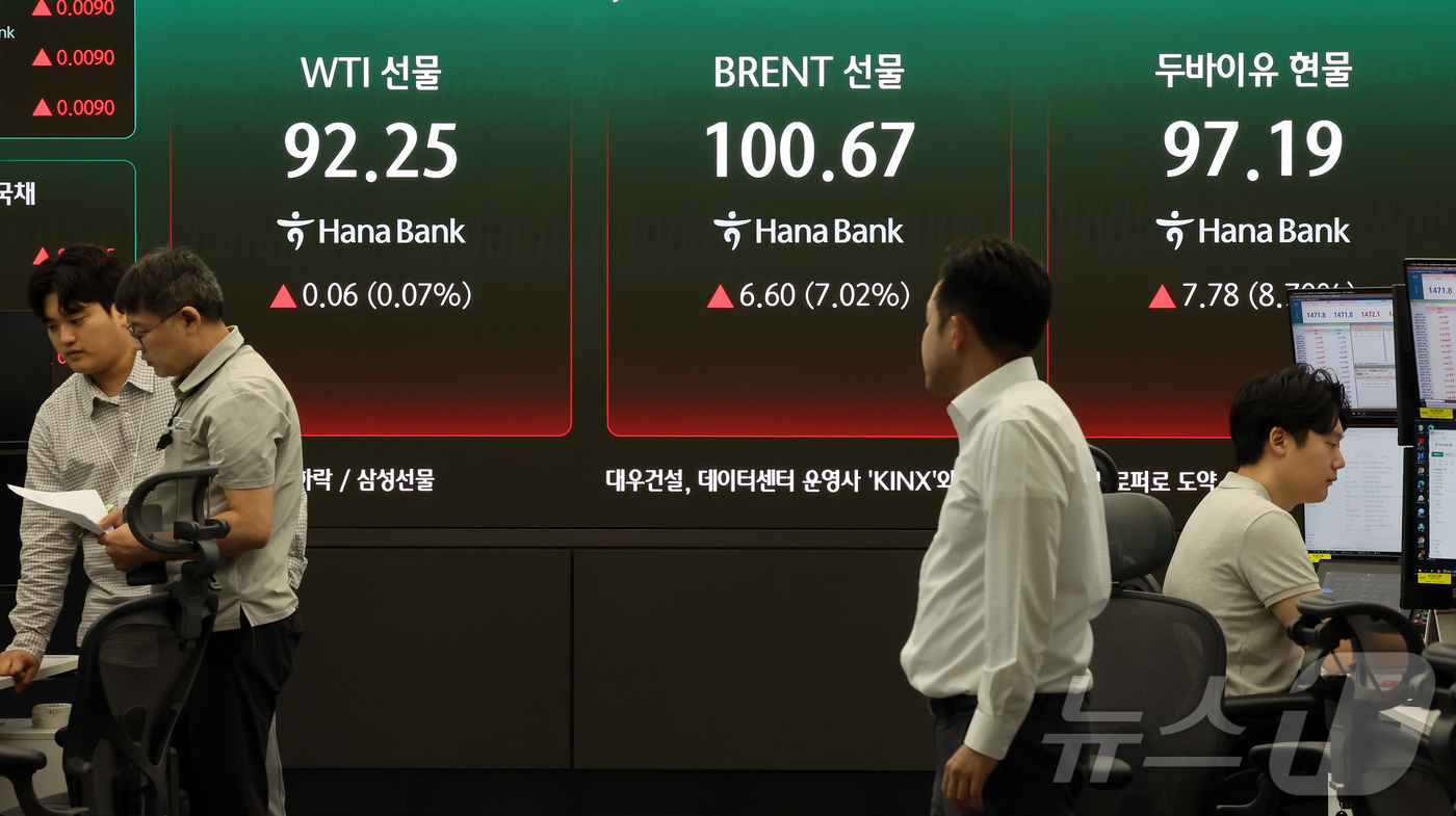 (서울=뉴스1) 김진환 기자 = 중동 긴장 재고조에 국제 유가가 급등한 24일 오전 서울 중구 하나은행 딜링룸 현황판에 브렌트유 선물과 WTI선물, 두바이유 현물 시세가 표시되고 …