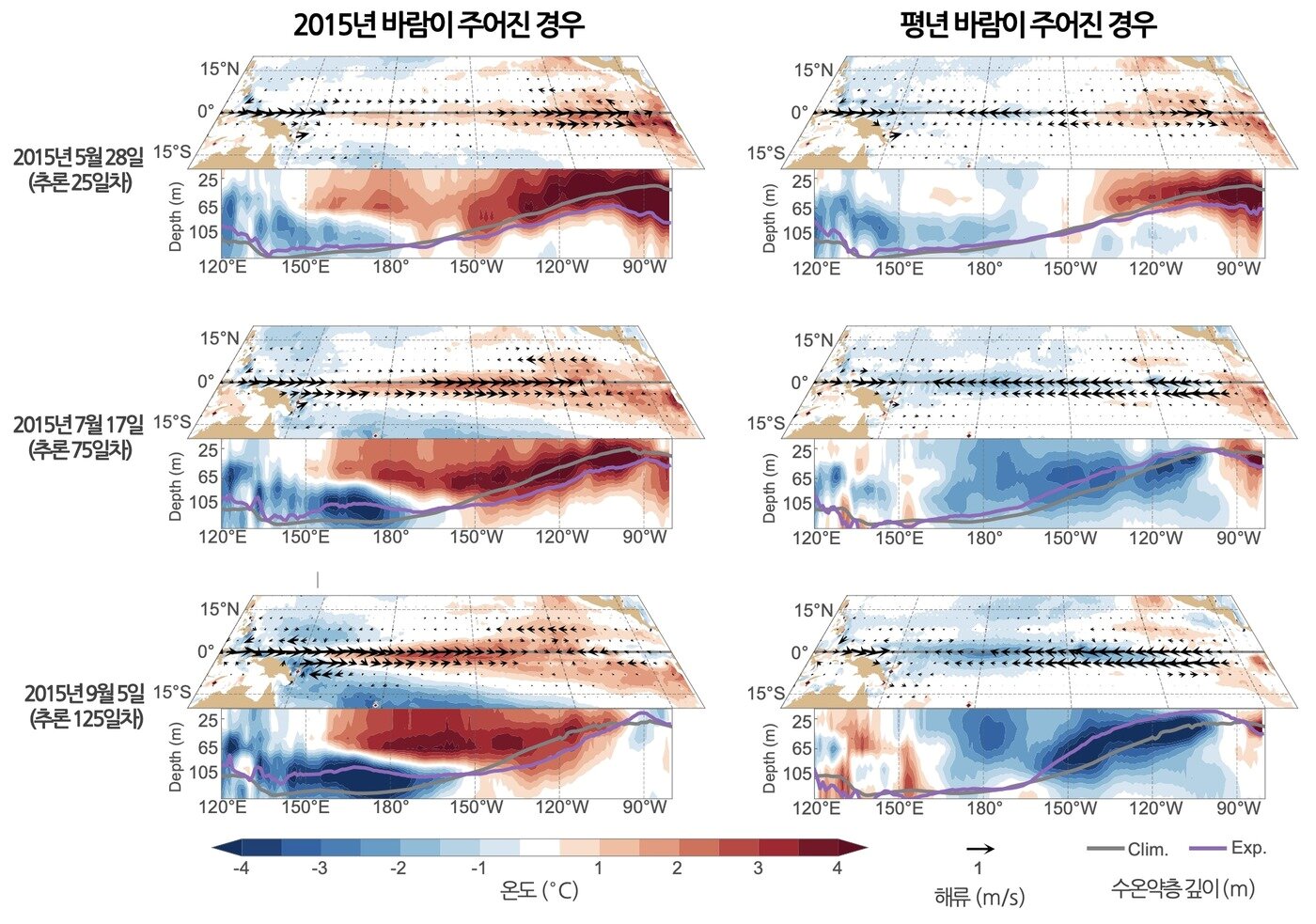 본문 이미지 - KIST-Ocean에 2015년 당시 바람 조건과 평년 바람 조건을 각각 입력해 적도 태평양의 변화를 비교한 모습. 2015년 바람을 적용한 왼쪽에서는 중·동태평양 수온이 상승하며 엘니뇨가 발달했지만, 평년 바람을 적용한 오른쪽에서는 같은 현상이 나타나지 않았다. (KIST 제공)