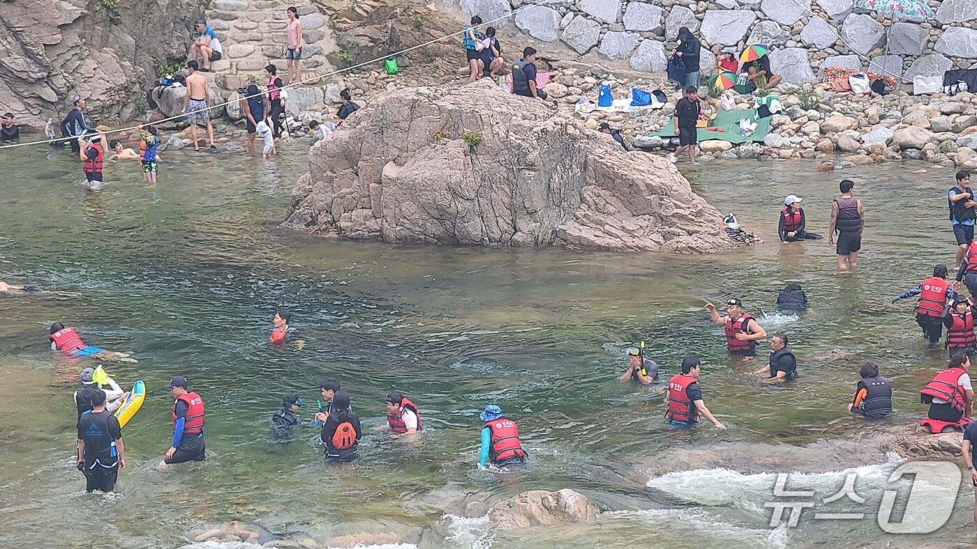 본문 이미지 - 25일 강원 인제 백담계곡을 찾은 피서객들이 물놀이를 즐기고 있다.(인제군 제공. 재판매 및 DB금지)/뉴스1